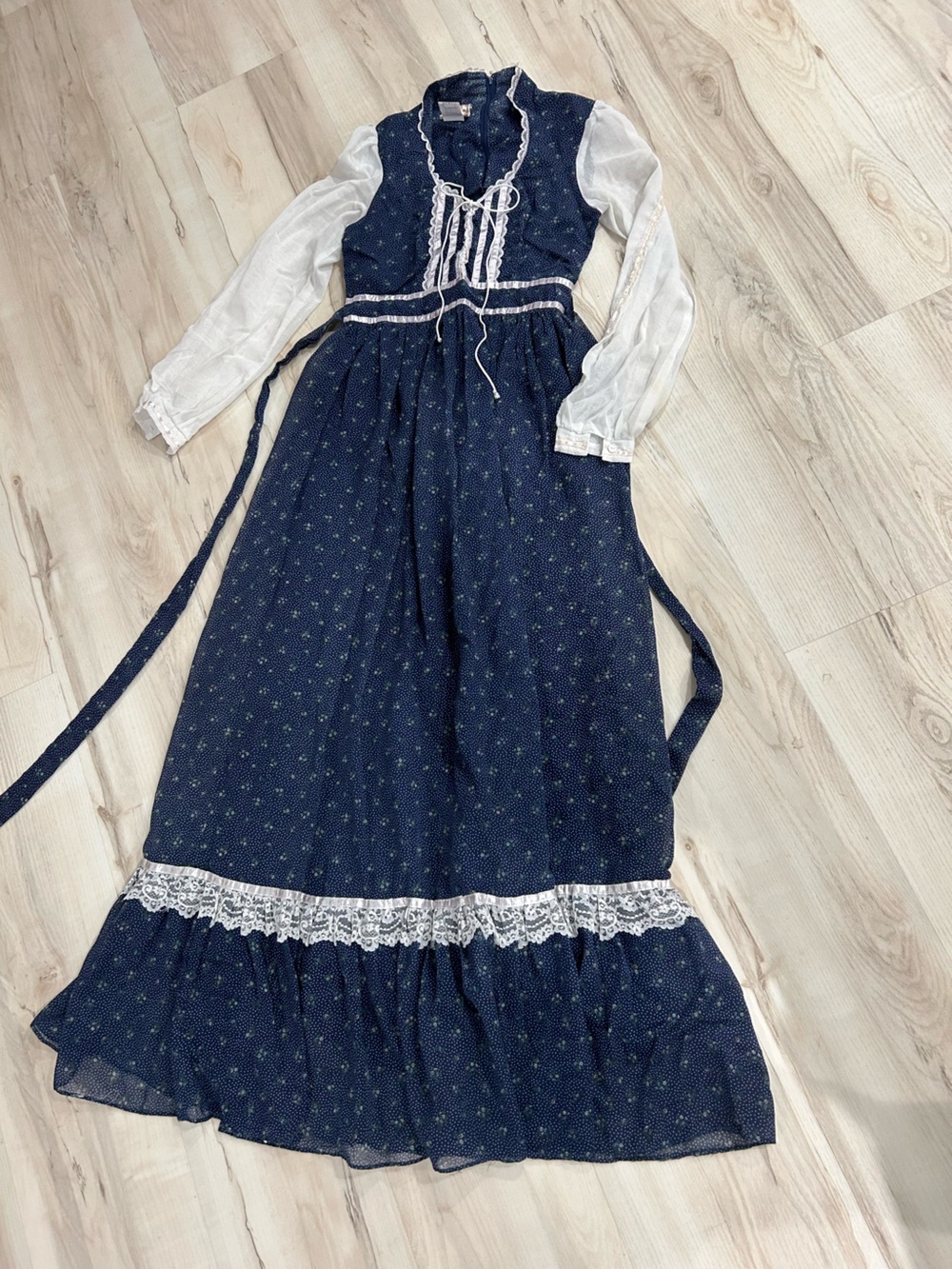 Gunne Sax Navy Blue Floral Maxi Dress with White Lace and Sheer Sleeves